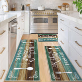 Vaukki front view of teal boho three-piece kitchen rug set showing design and sizes benefit: cohesive style