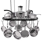 Vdomus front view of black ceiling pot rack showing storage benefit