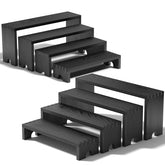 Vecxoty front packaging showing black wooden tiered risers and rustic finish for instant display