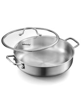 VEDNHOL front view showing pan and lid, highlights capacity and durability