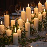 Veiuwa front packaging showing 18 ivory pillar candles for consistent ambiance