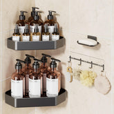 Veken front view of grey corner caddy showing organized bottles and space-saving benefit