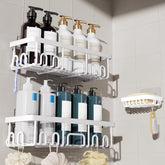 Veken front view assembled caddies showing tidy shower storage benefit