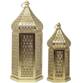Vela Lanterns front pair display showing layered gold Moroccan lanterns and ambient glow