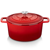 Velaze Dutch oven front view showing glossy red finish and sturdy build for even heating