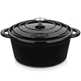 Velaze dutch oven front view showing black enameled finish and lid — durable cooking