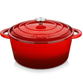 Velaze front view of red dutch oven showing durable enamel and capacity benefit