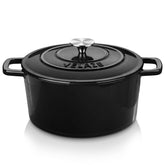 Velaze front view of black Dutch oven showing full pot and lid for versatile cooking
