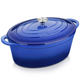 Velaze oval Dutch oven front view showing durable enamel and handles, enhances kitchen aesthetics