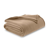 Vellux queen blanket front view showing full beige coverage and neat hem