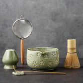 Veraelle front view ceramic matcha bowl showing spout and benefit: easy pouring