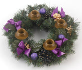 Vermont Christmas Company wreath front view showing purple ribbon and evergreen for seasonal focus