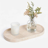 VEROBELL front view of beige travertine tray showing clean lines and function