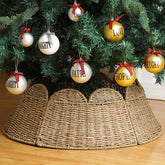 Vertintong front view of tree collar neatly concealing stand, adds farmhouse warmth