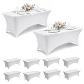 VEVOR front packaging showing 10-pack white fitted tablecloths and event-ready value
