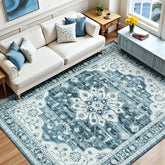 Vibrug front view of 5x7 blue white rug showing coastal boho pattern and brightening effect