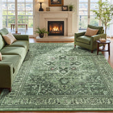 Vibrug front view showing full sage-green medallion and vintage look for calm rooms