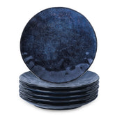 vicrays front view of six blue plates showing elegant presentation benefit