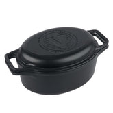 Victoria oval Dutch oven front view showing sturdy handles and finish benefits