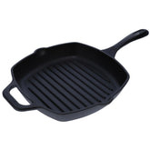 Victoria front view of 10-inch square cast iron grill pan showing durable finish and seasoning benefit