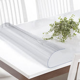 Vicwe front view showing clear table cover protecting wood surface