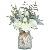 VIERENA front view of white silk roses in vase showing elegant styling