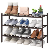 viewcare front view of 3-tier bamboo shoe rack showing organized shoes and natural finish