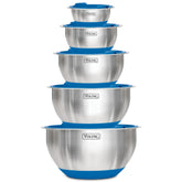 Viking front view of full bowl set showing lids and polished finish, aids organized storage