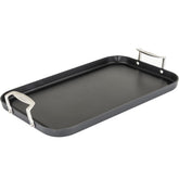Viking front view griddle showing full two-burner surface and benefit of large capacity