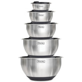 Viking front view of nested stainless bowls showing sleek finish and space-saving benefit