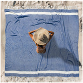 Vikumond front view of blue towel showing full pattern and fringe, stylish utility