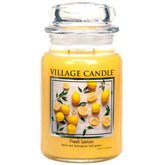 Village Candle front jar showing yellow lemon candle and apothecary label for bright ambiance