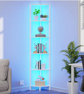 VIMBER corner shelf front view showing white ladder silhouette and six tiers for compact storage