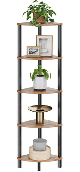 VIMBER front view of 5-tier corner shelf showing compact footprint and rustic look
