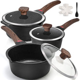 Vinchef front view of saucepan set showing compact shapes and lids, highlighting convenience