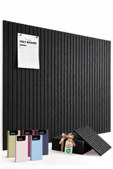 VIVELDA front view of assembled 48x36 felt bulletin board showing clean slatted look and benefit of modern decor
