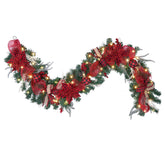 Vofuly full garland on mantel showing warm plaid and lights benefit ambiance