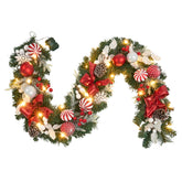 Vofuly garland front view showing red white ornaments and ribbons, adds instant curb appeal