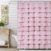 Volens front view of pink ruffle shower curtain showcasing farmhouse style and charm