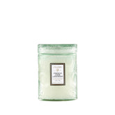 Voluspa front jar showing label and embossed glass for elegant display