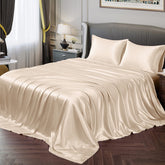 Vonty full beige sheet set front view showing neat bed styling and elegant sheen
