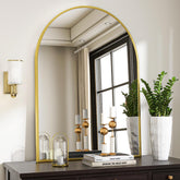 VooBang front view of arched mirror showcasing elegant gold frame and reflection benefits