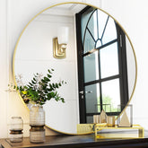 VooBang gold round mirror front view highlighting elegant profile and decor impact