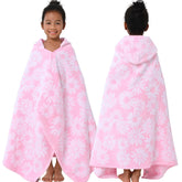 VOOVA & MOVAS front view of pink daisy hooded towel showing full size and pattern benefit