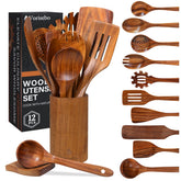 Vorisebo front set display showing complete 12-piece teak collection and warm finish