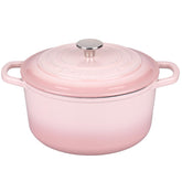 VORRINGARD pink Dutch oven front view showing colorful enamel and sturdy handles
