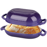 VORRINGARD front view of purple Dutch oven showing sleek enamel and lid, highlights durable design
