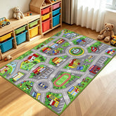 VSIWB front view of city-map rug showing colorful roads and buildings, encourages play