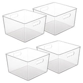 Vtopmart front view of four clear storage bins showing stackable set and handles for easy access