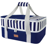Vuudh casserole carrier front view showing blue exterior and zip closure for easy transport